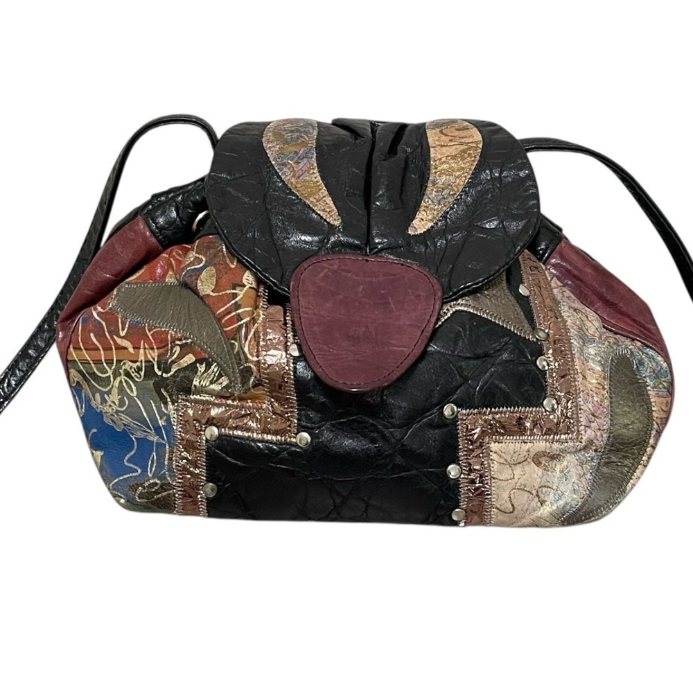 Leather Patchwork Crossbody Bag Drawstring Bucket… - image 1